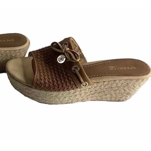 Sperry Espadrille Woman’s Tan/Brown Platform Wedges Leather Weave Gold Tone 8.5 - Picture 1 of 7